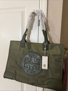 Tory Burch Olive Green Nylon Logo Tote with Leather Trim